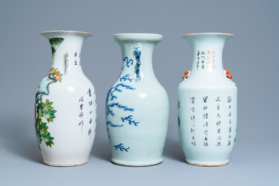 Vijf Chinese qianjiang cai, famille rose en celadon vazen, 19/20e eeuw