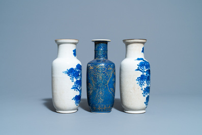 A pair of Chinese blue and white crackle-glazed rouleau vases and a gilt-decorated powder blue vase, 19th C.