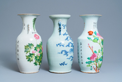 Five Chinese qianjiang cai, famille rose and celadon vases, 19/20th C.
