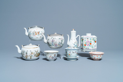 Four Chinese famille rose teapots, three bowls and a caddy, 19/20th C.