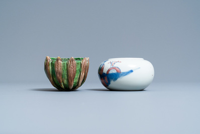 A Chinese verte biscuit 'lotus' water dropper and a blue, white and copper red brush washer, Kangxi and 19th C.