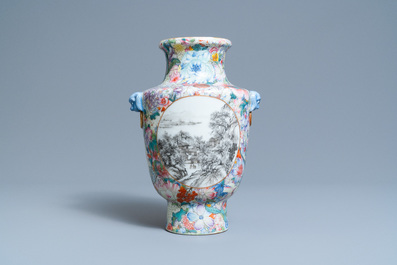 Un vase en porcelaine de Chine famille rose &agrave; d&eacute;cor de paysages en grisaille sur un fond de millefleurs, marque de Qianlong, R&eacute;publique