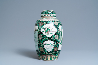 A Chinese verte biscuit jar and cover, 19th C.