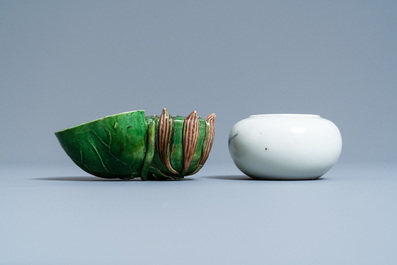 A Chinese verte biscuit 'lotus' water dropper and a blue, white and copper red brush washer, Kangxi and 19th C.