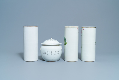 Three Chinese qianjiang cai hat stands and a covered bowl, 19/20th C.