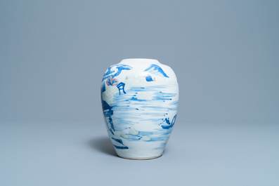 Een Chinese blauw-witte, koperrode en celadon vaas met landschapsdecor, Kangxi