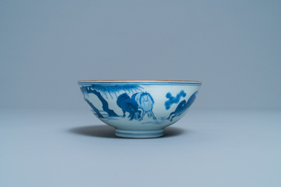 A Chinese blue and white 'Eight horses of Mu Wang' bowl, Jiajing mark, Kangxi