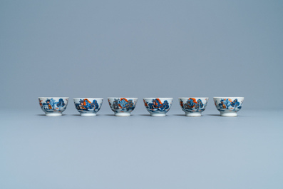 Four Chinese Imari-style plates, a large teapot and six cups and saucers, Kangxi/Qianlong