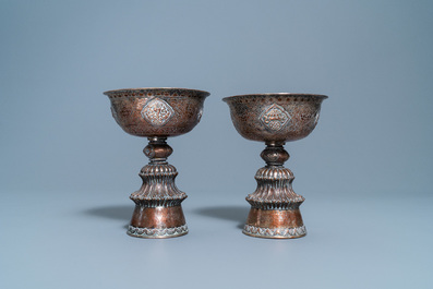 A pair of Tibetan silvered copper alloy altar bowls, 19/20th C.