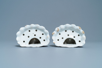 A pair of blue and white French faience bouqueti&egrave;res or wall flower holders, Lille, 18th C.