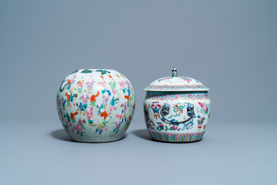 A Chinese famille rose jar, a kamcheng and a footed bowl, 19th C.