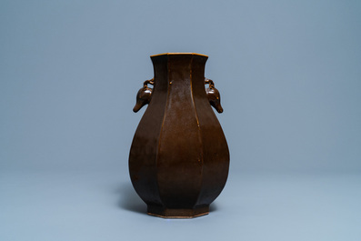 A Chinese monochrome brown-glazed octagonal 'deer head' vase, Qianlong mark and period