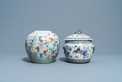 Un pot &agrave; gingembre, un kamcheng et un bol sur piedouche en porcelaine de Chine famille rose, 19&egrave;me