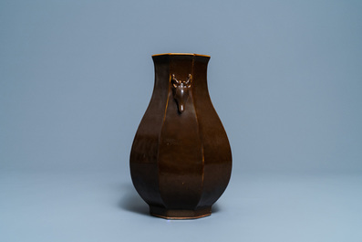 A Chinese monochrome brown-glazed octagonal 'deer head' vase, Qianlong mark and period