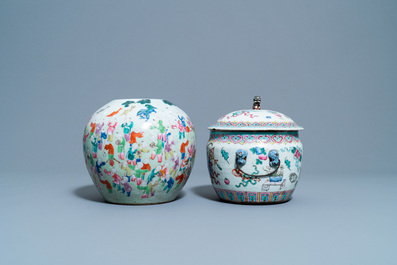 A Chinese famille rose jar, a kamcheng and a footed bowl, 19th C.