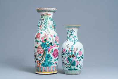A pair of Chinese famille rose relief-molded vases and two with phoenixes, 19th C.