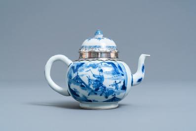 A Chinese blue and white silver-mounted teapot and cover, Kangxi