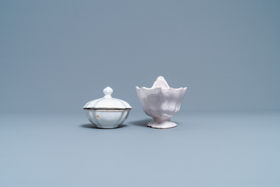 A white Delftware basket, a lobed dish, a spice box and a sauce boat, 18th C.