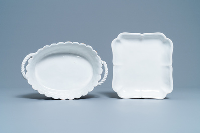 A white Delftware basket, a lobed dish, a spice box and a sauce boat, 18th C.