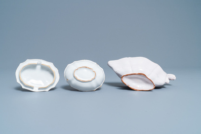 A white Delftware basket, a lobed dish, a spice box and a sauce boat, 18th C.