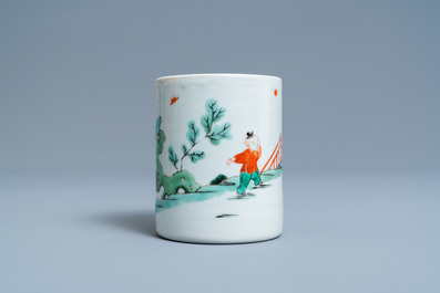 A Chinese famille verte brush pot with figures in a landscape, Kangxi