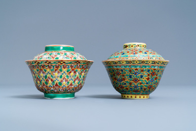 Two Chinese Thai market Bencharong bowls and covers, 19th C.