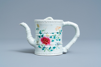 A Chinese famille rose bamboo-shaped teapot and cover, 19th C.