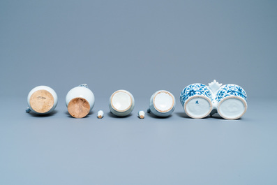 Three blue and white Dutch Delft, Nevers and Rouen wet drug jars and four jugs, 17/18th C.