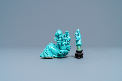 Deux figures en turquoise sculpt&eacute;e, Chine, 19/20&egrave;me