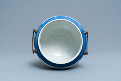 A Chinese blue, white and copper red powder blue-ground bowl, Jiajing mark, Kangxi