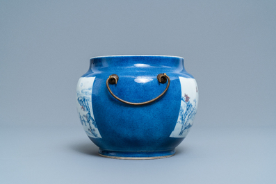 A Chinese blue, white and copper red powder blue-ground bowl, Jiajing mark, Kangxi