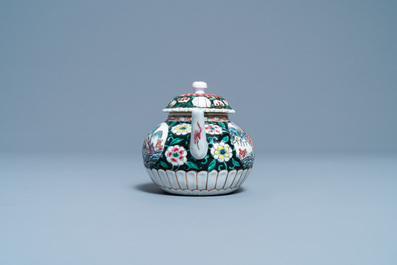 A Chinese famille rose teapot on stand with fishermen in their boats, Yongzheng