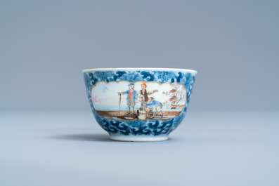 A Chinese export porcelain cup and saucer with a herring merchant, Qianlong