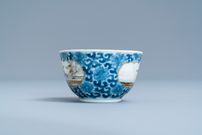 A Chinese export porcelain cup and saucer with a herring merchant, Qianlong