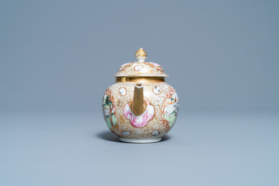 A Chinese gilded famille rose 'Mongolian hunt' teapot on stand, Qianlong