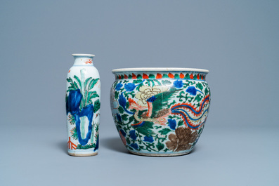 A Chinese wucai rouleau vase and a 'phoenix' censer, Transitional period