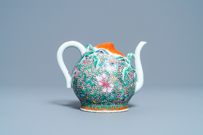 A Chinese famille rose peach-shaped 'cadogan' teapot with applied floral design, Qianlong