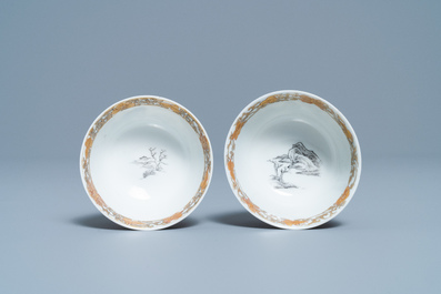 A pair of Chinese grisaille and gilt 'buffalo' cups and saucers, Yongzheng