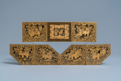 A Chinese Canton export gilt and lacquer gaming box with mother-of-pearl accessories, 19th C.