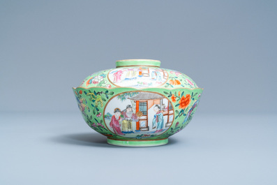 A Chinese green-ground famille rose bowl and cover, Daoguang mark and of the period