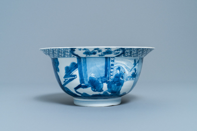 A Chinese blue and white 'Romance of the Western Chamber' klapmuts bowl, Chenghua mark, Kangxi