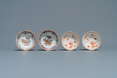 Huit tasses et soucoupes en porcelaine de Chine famille rose, bleu et blanc et rouge de fer sur fond capucin, Kangxi/Qianlong