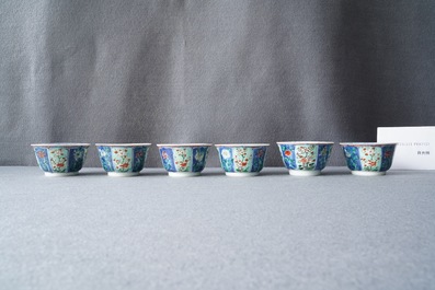 Six tasses et soucoupes en porcelaine de Chine famille verte, Kangxi