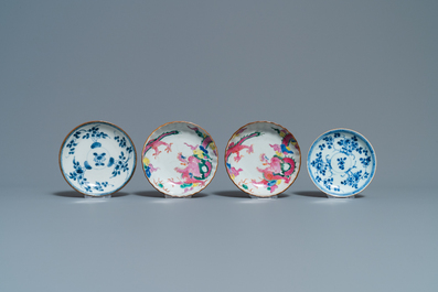 Huit tasses et soucoupes en porcelaine de Chine famille rose, bleu et blanc et rouge de fer sur fond capucin, Kangxi/Qianlong