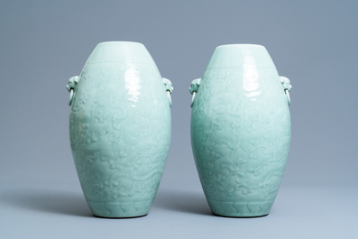 A pair of Chinese monochrome celadon vases, Qianlong mark, 19th C.