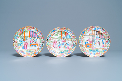 Twelve Chinese Canton famille rose plates, 19th C.