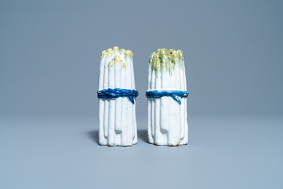 A pair of polychrome Brussels faience asparagus-shaped casters, 18th C.