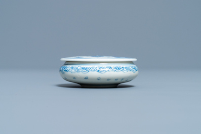 A rare Chinese blue and white 'erotical subject' box and cover, Kangxi