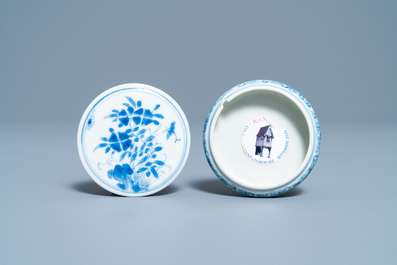 A rare Chinese blue and white 'erotical subject' box and cover, Kangxi