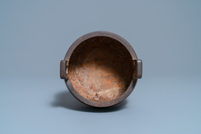 A Chinese inlaid bronze tripod censer on wooden stand, Ming